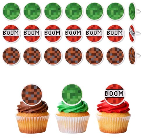 SAVITA 24 Stück Cartoon-Cupcake-Ringe, 3 Stile Pixel-Kuchenringe Cupcake-Topper-Dekoration im Cartoon-Stil für Geburtstagsfeiern Videospiel-Mottopartys Gastgeschenke Preise im Klassenzimmer