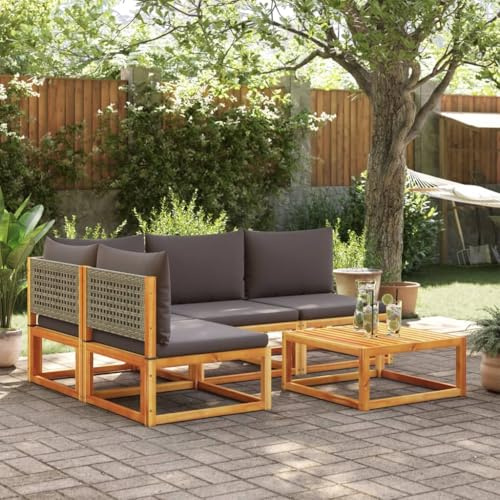 Frdhee Balkonmöbel, Gartenlounge Outdoor, Garten Bistro Set, 5 TLG. Gartensofa Set mit Kissen Holz Akazie & Rattan, Loungesofa Für Terrasse, Balkon, Veranda, Einfache Montage