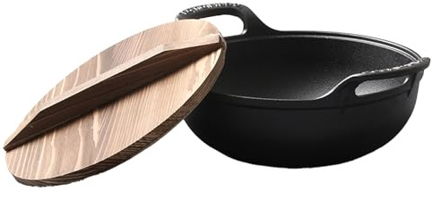 Haofy Wok in Ghisa da 14 Pollici, Padella Antiaderente Pre-stagionata, con Coperchio in Legno, Doppi Manici per Piani Cottura Elettrici a Gas a Induzione, Domestica, Piccoli Appartamenti, Vita in,