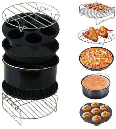 Set di accessori per friggitrice ad aria compressa, 6 pezzi, per XL e XXL (diametro 20 cm), adatto per Philips, COSORI, Princess, teglia per pizza, stampo per muffin, supporto per spiedi, tappetino in