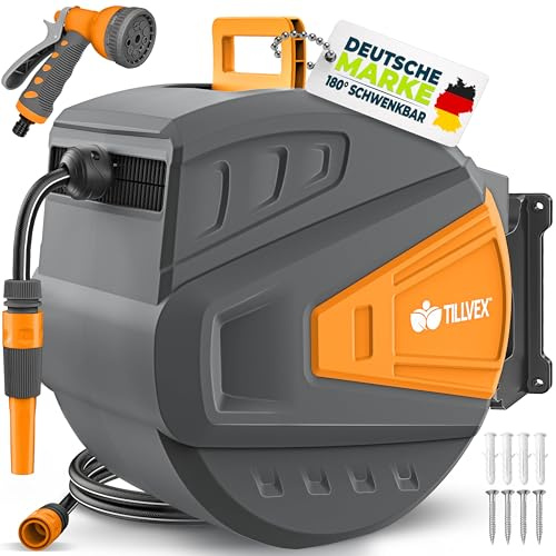tillvex® Schlauchtrommel Wasser 35 m + 2 m mit Wandhalterung + Tragegriff Automatik Gartenschlauch-Schlauchabroller 180° Schwenkbar | Wand-Schlauchbox Automatisch + Multi Handbrause mit 9 Modi
