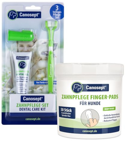 Canosept Zahnpflege Set: Zahnpflege Hund (3-teiliges Set) + Zahnpflege Finger-Pads für Hunde 50 Stück - Zahnpflege Hund, Zahnstein Hund, Zahnsteinentferner Hund