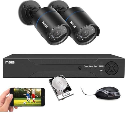 Maisi 4 Channel Smart DVR CCTV Camera System with 500GB Hard Drive, 2x 5MP Weatherproof Outdoor Security Bullet Camera, Night Vision, Remote Access, Motion Detection