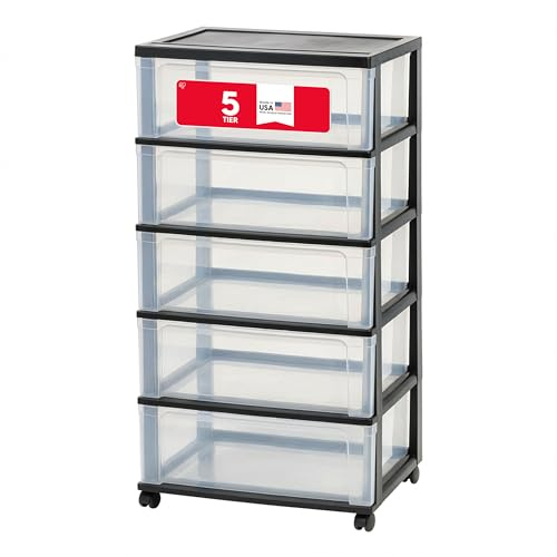 IRIS USA Plastic Drawer Storage Organizer Rolling Cart, with Wheels Casters, 5-Drawers, for Art Craft Supplies Bathroom Dorm Bedroom Laundry Room, Wide, Black
