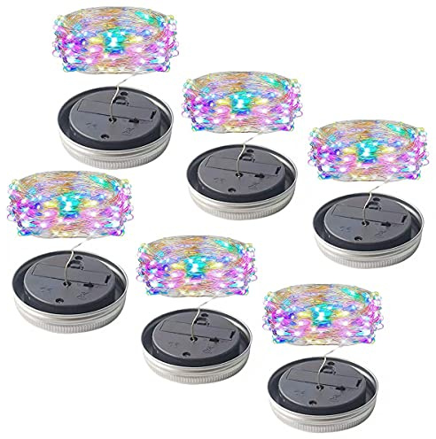 YCYBAB2J 6pcs Solar Mason Jar Lid Light 78inch 20 LED Fairy String Lights Lids Garden Hanging Night Lights for Outdoor Patio Deck Wedding Birthday Party Decoration (Colorful Light)