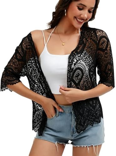 Cárdigan de encaje para mujer, diseño floral, crochet, transparente, para playa, kimono largo con media manga, Negro-b, talla única