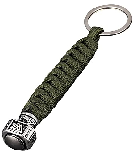 SevenMye Llavero con colgante vikingo antiguo Thor Mjolnir y anillo de metal para montañismo, llave de coche, estilo vintage, para hombre, piel, multicolor, Verde militar., Talla única