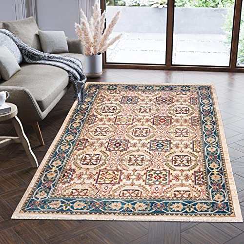 Mazovia Orientalisch Teppich - Traditioneller Teppich für Wohnzimmer, Esszimmer - Orient Teppiche Ornament - ÖKO-TEX Wohnzimmerteppich Beige Blau - 120 x 170 cm