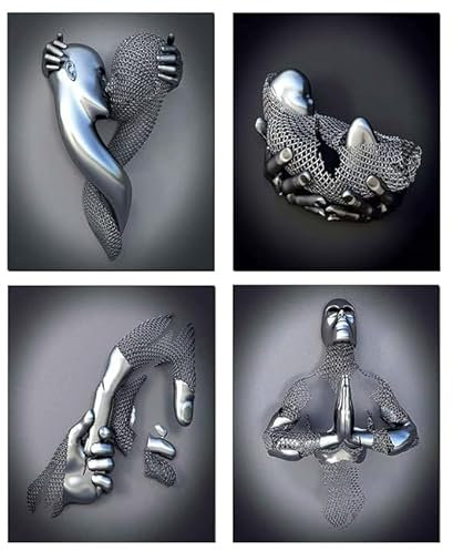 WADBTP Moderne Kunst Charakter Metall Skulptur Wandbild, Romantische Liebe 3D Schwarz und Weiß Gold Effekt Bilddekoration Home Printing Poster, Rahmenlos (Stil 3,20X30CM*4)