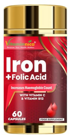 Vitaminnica Iron+Folic Acid- Boosts Energy, Haemoglobin and Immunity - 60 Capsules