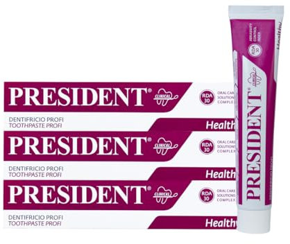 President KIT 3 DENTIFRICIO PROFI con Clorexidina 0,20% Azione Igienizzante Antibatterica intensiva per parodontopatie, gengive irritate sanguinanti e dopo interventi chirurgici. RDA 30. 3X75ml
