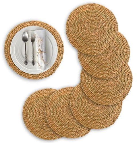 DECHUSE Woven placemats Set of 6, 12 inch Round placemats, Wicker placemats, Rattan Place mats, Wicker Charger Plates, Farmhouse Boho Decor Plate Chargers, Table mats Indoor and Outdoor Patio Table