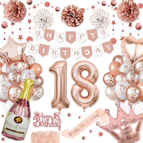 18th Birthday Decorations for Girls, Unique Glitter Circle Dot Hanging, Rose Gold Balloons, Paper Pom Poms, 18th Birthday Banner, Rose Gold Party Decorations, Number 18 Balloons for Party