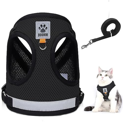 Cat Harness and Lead Set, Escape Proof Cat Kitten Walking Vest with Leash, Adjustable Soft Reflective Mesh Vest Harness and Lead for Small Medium Cats Pets (Black, L)