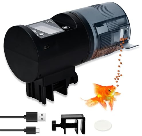 Podazz Distributeur automatique de nourriture pour poissons – Rechargeable par USB 200 ml, grande capacité, distributeur de nourriture pour aquarium avec affichage de l'heure d'alimentation, mangeoire