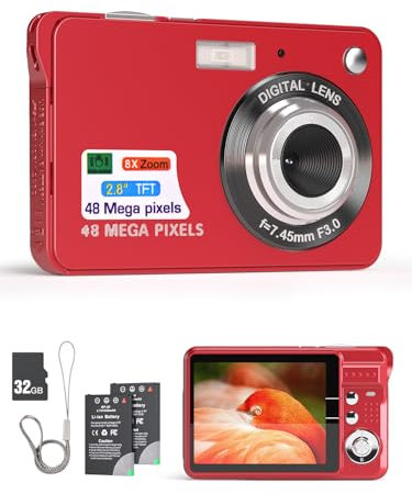 Andoer Cámara digital de 48 MP, TFT de 2,8 pulgadas, enfoque automático, zoom digital de 16x, función antivibración, reconocimiento facial, grabación de sonrisas, con 2 baterías, tarjeta TF de 32 GB,