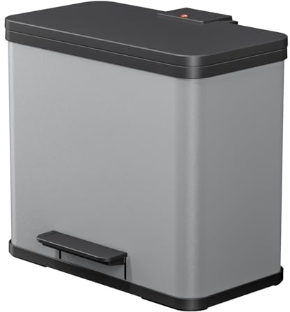Hailo Eco duo L Treteimer mit Soft Close Funktion, 2x14 Liter, Hellgrau | Treteimer mit Pedal, 2 Kunststoff Inneneimer, Made in Germany, Stahlblech, rechteckig