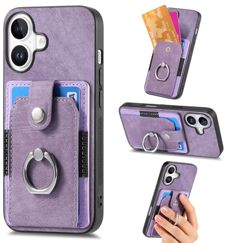 Knoowcase for iPhone 16 Case iPhone 16 Phone Case Wallet Shockproof Bumper with Ring Holder Card Slots PU Leather Cover Anit-Fall Anti-Drop Kickstand Back,Purple
