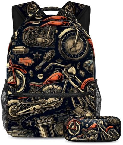 Farbenfroher Vintage-Motorrad-Rucksack mit Federmäppchen, 2-teiliges Schultaschen-Set für Jungen, Mädchen, Teenager, Reisetasche, Büchertasche für Studenten, Buntes Vintage-Motorrad, Größe L