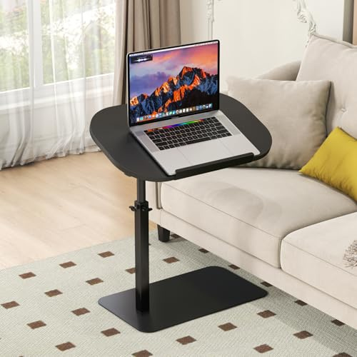 Massivholz Beistelltisch C Form Höhenverstellbar, Kleiner Couch Beistelltisch 360° Drehbar, Holz Laptoptisch Beistelltisch für Sofa/Bett, Wohnzimmer Sofatisch Laptop Tisch Metallbasis (Schwarz)
