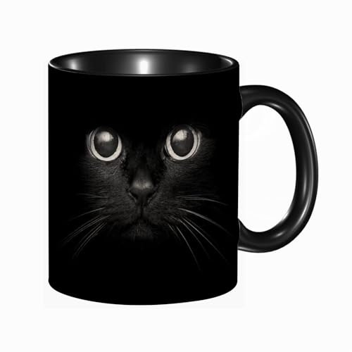 EKLMPS Tazza grande per caffè e tè a colazione - idee regalo per uomo e donna - in porcellana, 330 ml (11oz),gatto nero con lo sguardo nero