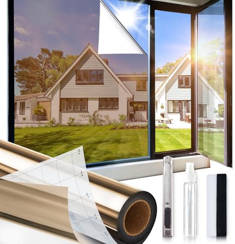 One Way Privacy Window Film,Sun Blocking Window Film with 3 Tools, Heat & UV Blocking Window Tint Film for Home, Easy Install DIY Office Window Covering See Out Not in (17.5 x 78.7Inch, Brown)