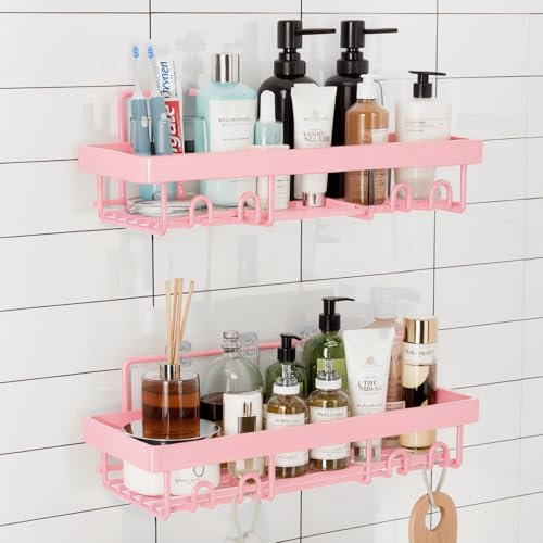 WwuHua Mensola doccia senza foratura, 2 organizer da bagno, supporto per shampoo per doccia con 4 ganci, mensola doccia rosa da appendere, mensola doccia per shampoo e gel doccia