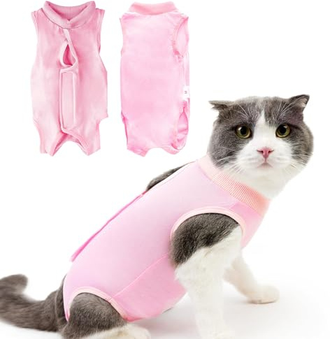 AOOTUERL Cat Surgery Recovery Suits, Cat Bodysuit Long Cone of Shame Alternative Cats Anti Licking Pajama Clothing,Collar Alternative for Cats After Surgery Suit- Home Indoor Pet Clothing (Pink,M)