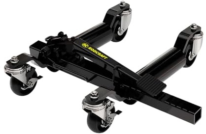 Rodcraft RG590 PKW Rangierhilfe, mechanisch mit Pedal-Ratschen-System, max. Tragkraft 590 kg, insg. 4 Rollen, 2 Lenkrollen mit Bremsen, Schwarz | 4 Rollen, 2 Lenkrollen mit Bremsen, mechanisches System. Ideal zum Rangieren von Fahrzeugen