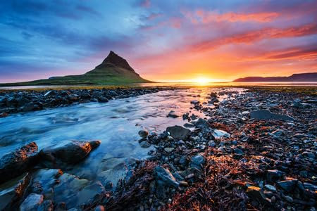 adrium Acryl-Bild 110 x 70 cm: Der malerische Sonnenuntergang über Landschaften und Wasserfällen. Berg Kirkjufell, Island (100185972)