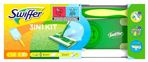 Swiffer Juego de mopa para suelo con 1 mopa + 8 paños secos y 3 húmedos + imán para el polvo, 1 mango + 1 recambio