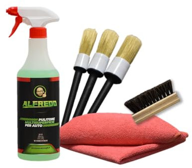 Alfredo Kit Pulizia per Interni Auto | Flacone da 750ml con Kit pennelli, Spazzola Morbida e 1 Panno Microfibra | Pulitore Tessuti, plastiche, Pelle, Volante, Cielo Interno, Cerchioni, cruscotto