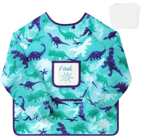 WERNNSAI Kids Art Smock, Dinosaur Toddler Art Smock for Boy, Art Essentials Kids Painting Apron, Personalize Toddler Painting Smocks Waterproof Apron with Long Sleeve and 3 Pockets
