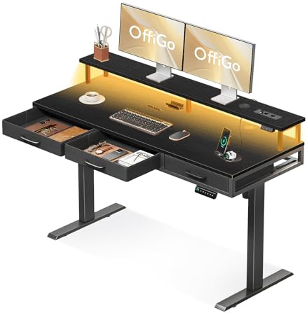 OffiGo Höhenverstellbarer Schreibtisch mit Schubladen, 140cm, Schwarz | Mit Monitorständer und Schubladen, inkl. Steckdosen und LED-Lichtleiste, und Leiser Motor, Geeignet für Home-Office