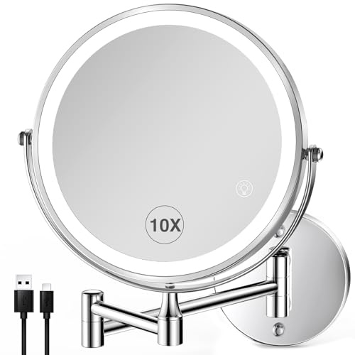 VORREMIRR 8,5-Zoll aufladbare Wandmontierte beleuchteter Makeupspiegel, schminkspiegel mit Beleuchtung doppelseitiger 1X/10X LED-Vergrößerungs-Dekospiegel mit Lichtern