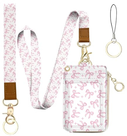 bolimoss Portefeuille Lanière Nœud Rose, Joli Porte-Badge ID avec Col Détachable et Lanières Porte-clés Dragonne, Étui Portefeuille ID à Fermetures Éclair Multiples en Cuir PU pour Femmes Bureau