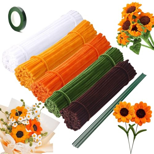 NICKLIN Gelb Pfeifenreiniger Blumen Set, 240 Stück Pfeifenputzer | Pfeifenputzer zum Basteln Blumen Sonnenblume Pfeifenputzer, mit 4 Farben DIY Geschenke für Basteln Handwerk Dekorieren