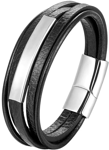 Mochity Läderarmband herr pojke, 21 cm armband för män med naturstenspärlor, armband armband stål läder svart brun blå, present till farfar smycken, Medium, Rostfritt stål, Rostfritt stål