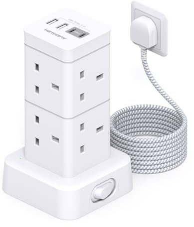 Tower Extension Lead 5M, 8 AC Outlets Multi Plug Power Strip[13A 3250W], Surge Protector Extension Lead with Switch, Extension Cable with 2 USB C Slots for Home, Office, Desk Accessories, Kitchen