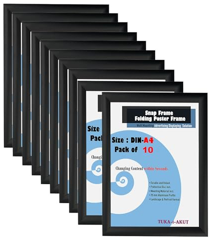 TUKA-i-AKUT 10er A4 Klapprahmen aus Aluminium 25 mm Profil, Plakatrahmen Wechselrahmen Poster Rahmen Schnapprahmen Aufklappbar mit Schutzscheibe Befestigungsmaterial, Schwarz Farbe, TKD8420-A4-10X