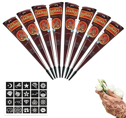 ElevaPulse 8 Stück Henna Braun Sommersprossen Konus -Natürliche Rot Braunes Henna für Tattoo und Farbe, Mit 20 Schablonen für Körperkunst