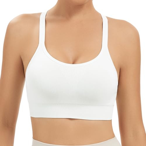 Comfyin Racerback Sport-BH för kvinnor Utan vaddering Träningsbralette Sömlös Yoga Gym Fitness Topp, Vitt, L
