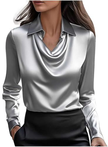 Chemisier Femme Chic et Élégant Chemisier Satin Chemisiers et Blouses Mode Tunique Blouse Couleur Unie Vetement Funky Haut Décontracté Tshirt Manche Longue Classiques Tops