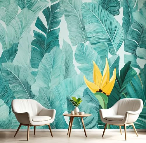 3D Papier Peint Panoramique Feuilles Bananier Pétales,300×210cm Aquarelle Plantes Grandes Tissus non tissés Murales Poster pour Salon, Adulte Chambre d'enfants, Étude Décoration