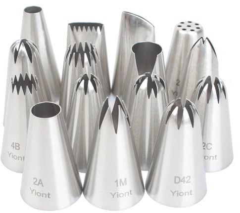 15pcs Stainless Steel Piping Tips Set Food-Grade Baking Tools Cookies, Cupcakes Rose & Wedding Cake Decorating Pastry Nozzles (Medium Size, 1M,6B,etc Yiont