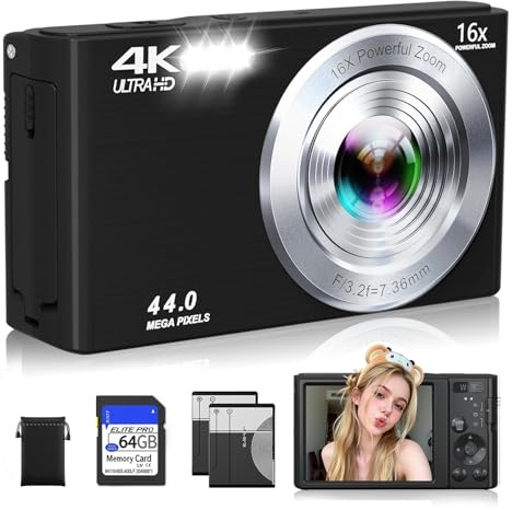 Digital Camera, FHD 4K Compact Cameras with 64GB SD Card 2 Batteries, Portable Travel Digital Camera with 16X Autofocus Digital Zoom Small Camera for Teens Kids Boys Girls