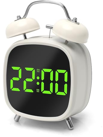 FARYODI Retro Metall Doppelglockenwecker, LED Doppelglockenwecker mit Große Ziffern Display Kalender und Temperaturanzeige, für Wecker laut für Tiefschläfer, Kinder, Erwachsene, Senioren (Weiß)
