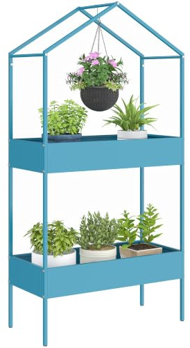 Outsunny Étagère à Plantes 2 Niveaux avec Crochet pour Balcon Bleu-Vert | Support de Plantes en Métal, Porte Plante pour Balcon, Forme de Maison, Jardin, Patio, Salon