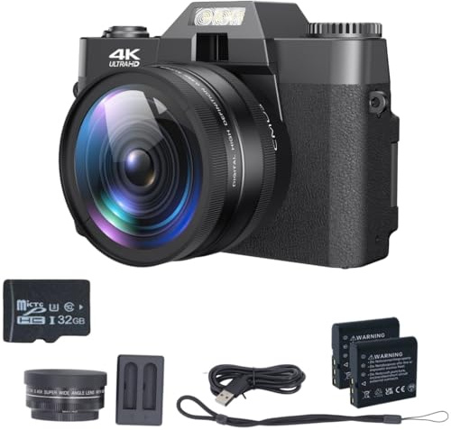 Norwiss Digitalkamera 4K 75MP Digitalkamera mit Weitwinkel, 16 Fach Zoom, 180° Klappbarer 3 - Zoll - Bildschirm, WLAN, Anti - Shake, 32GB Karte - Ideal für Vlog, Anfänger