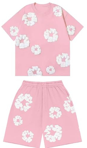TianWlio Ensemble 2 Pièces Homme Enfant T-Shirt et Short d'Été Imprimé Fleuri Y2K Hip Hop Streetwear Tee Shirt à manches courtes Short Baggy Jogging avec Poches